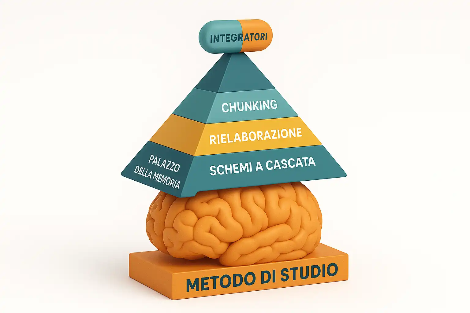 Cervello stilizzato come base di una piramide di tecniche di
studio con etichette in italiano.