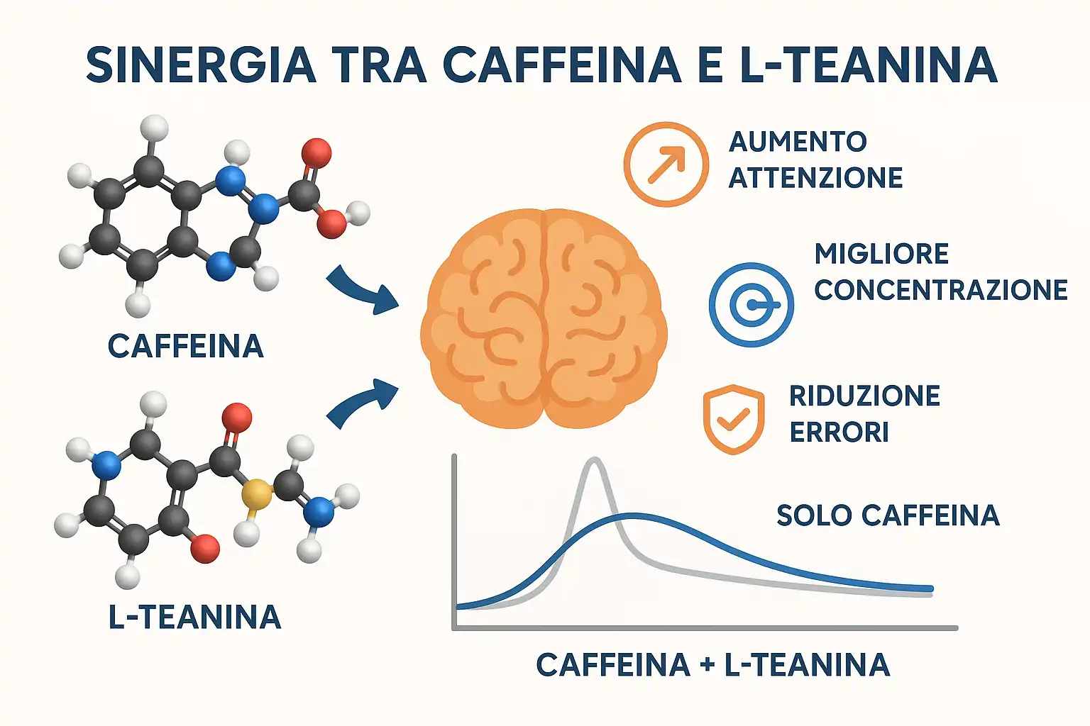 Diagramma con molecole di caffeina, teanina e un grafico che
mostra i loro effetti combinati.