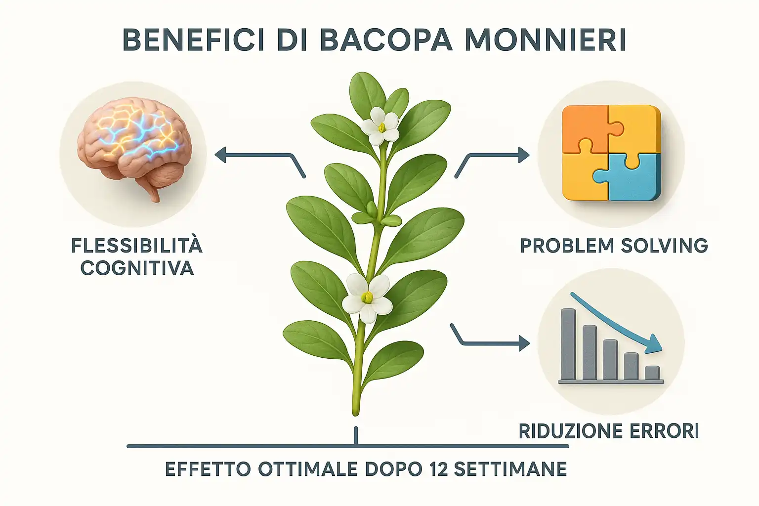 Infografica con la pianta Bacopa Monnieri al centro e diagrammi
dei suoi benefici cognitivi.