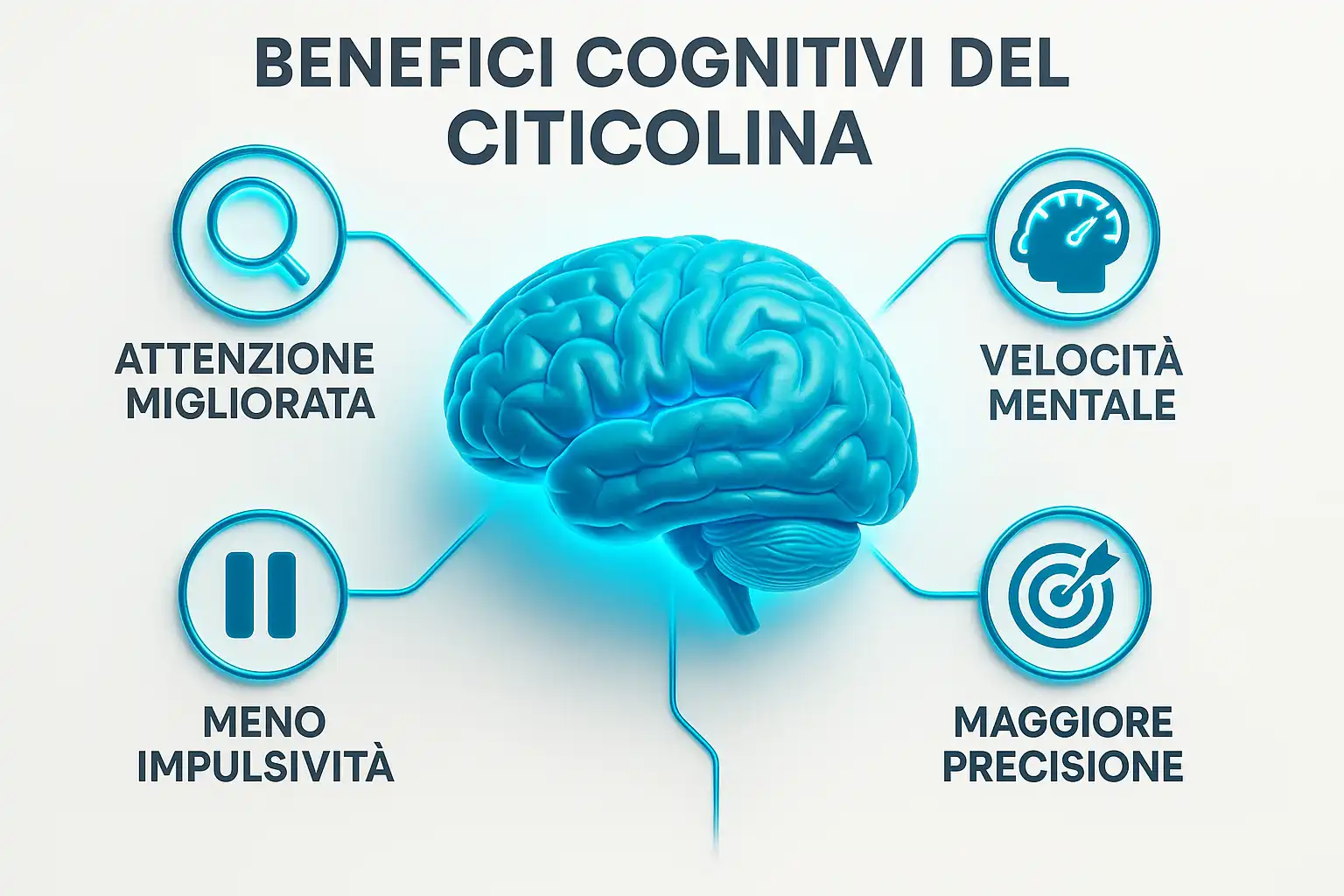 Cervello al centro circondato da icone che rappresentano
attenzione, velocità, precisione e controllo.