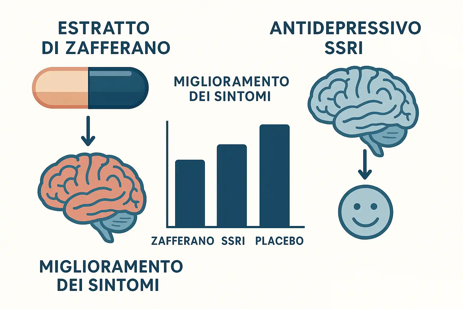 Schema comparativo tra estratto di zafferano e farmaci SSRI con grafico a barre sulla loro efficacia.