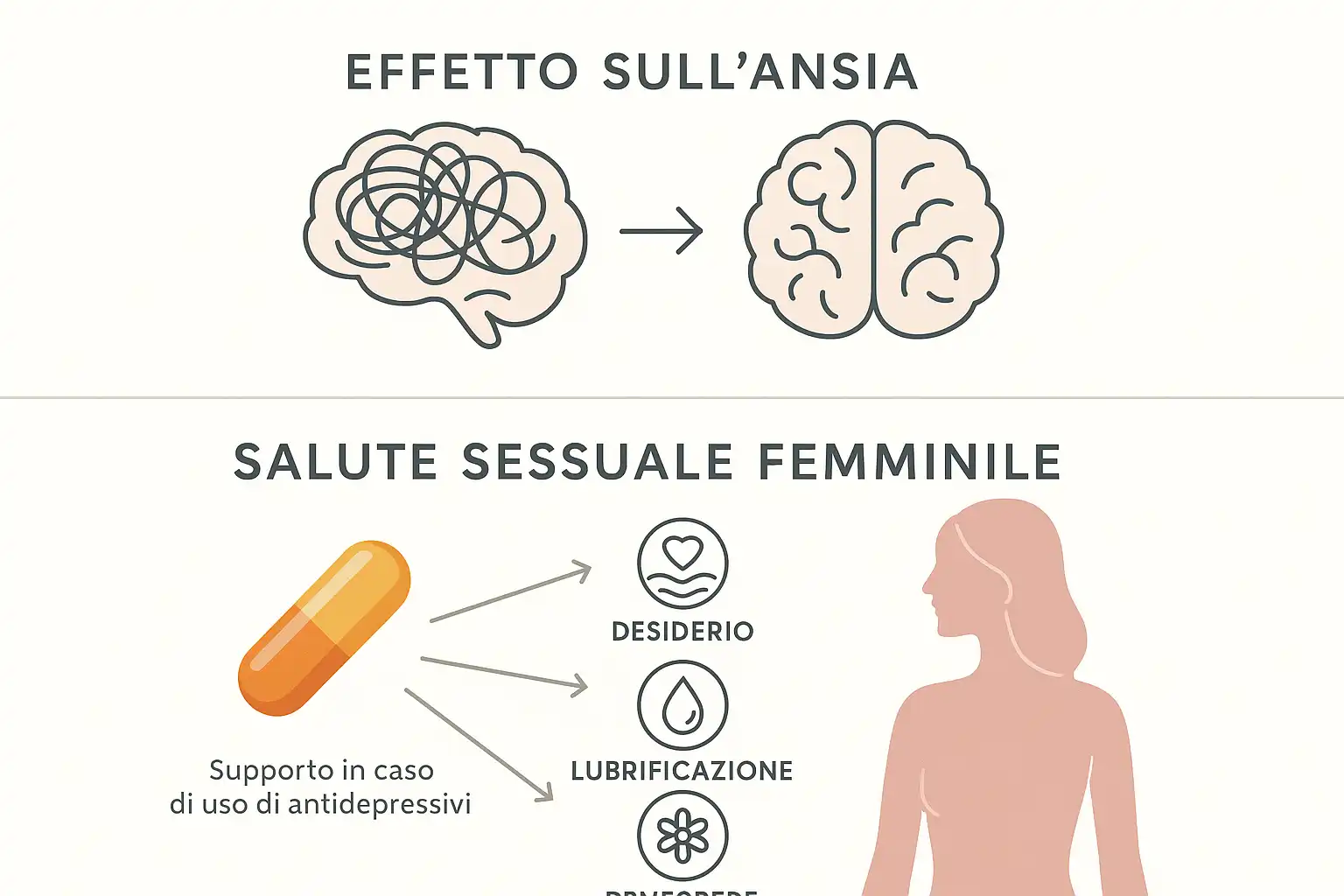 Doppio pannello: un cervello passa da caotico a calmo e una silhouette femminile con icone di benessere.