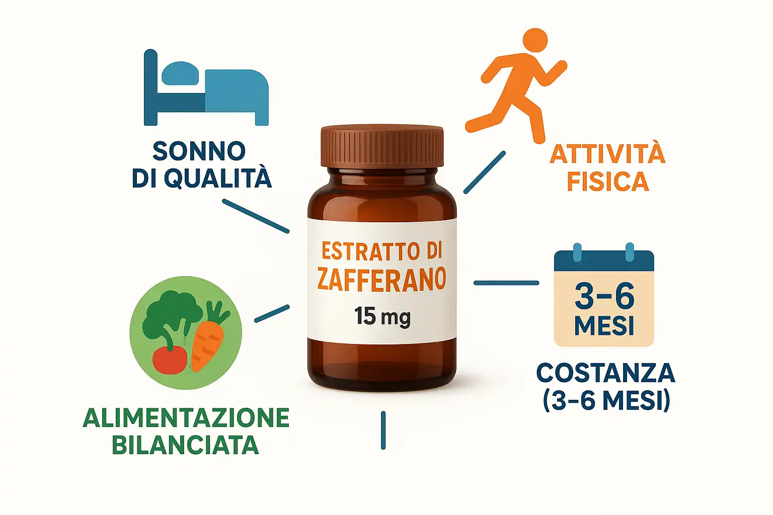 Flacone di integratore circondato da icone: letto, corsa, calendario e piatto sano.