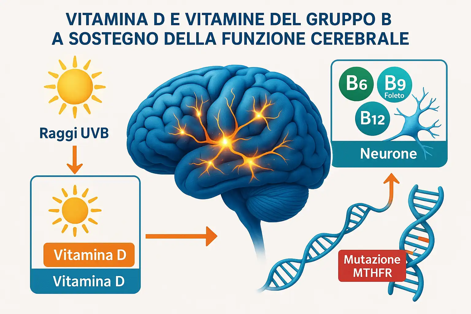 Infografica con cervello, neuroni, vitamine D e B, e la molecola
del DNA.