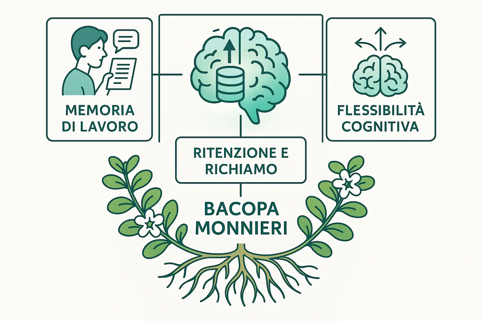 Cervello stilizzato collegato a icone di memoria e a una pianta
di Bacopa.