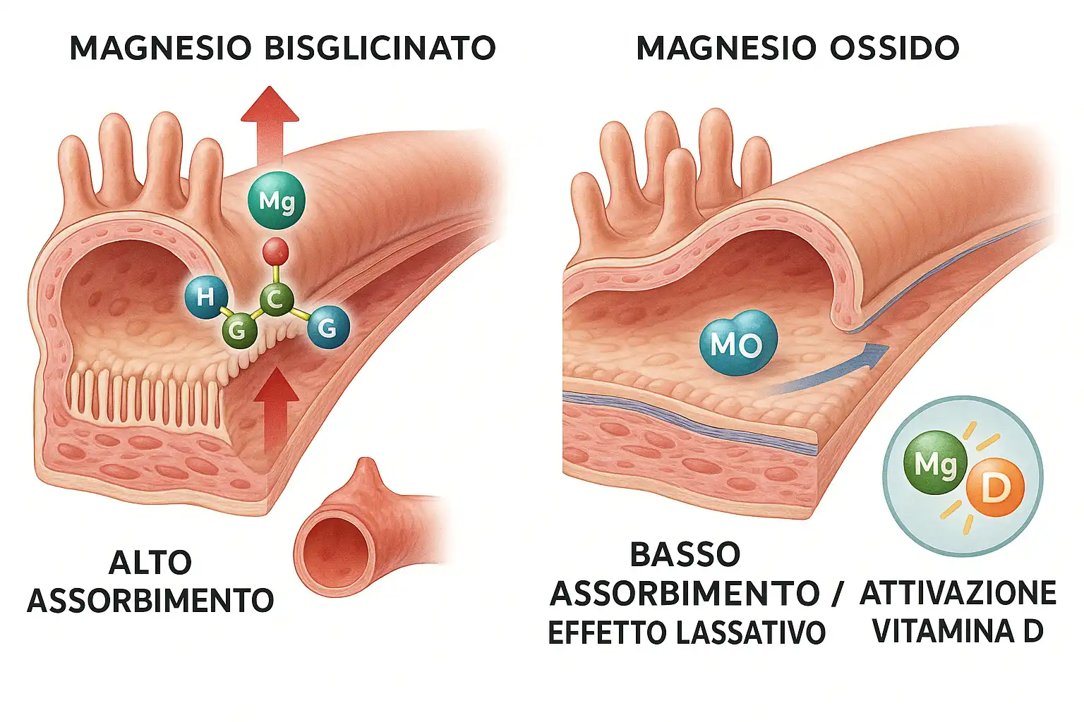 Sezione di intestino che mostra l'assorbimento di due tipi di
magnesio.
