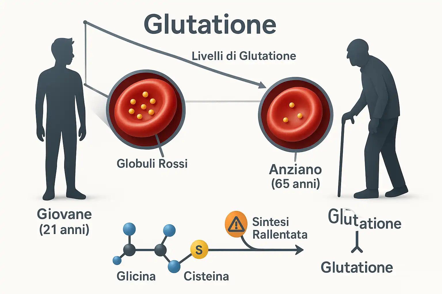 Infografica sul calo del glutatione con l'età, confronto tra
globuli rossi di giovane e anziano.