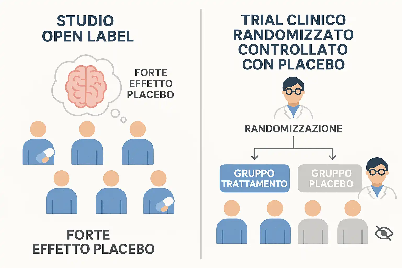 Schema che distingue studio open label e trial clinico
randomizzato con placebo e gruppi di controllo.