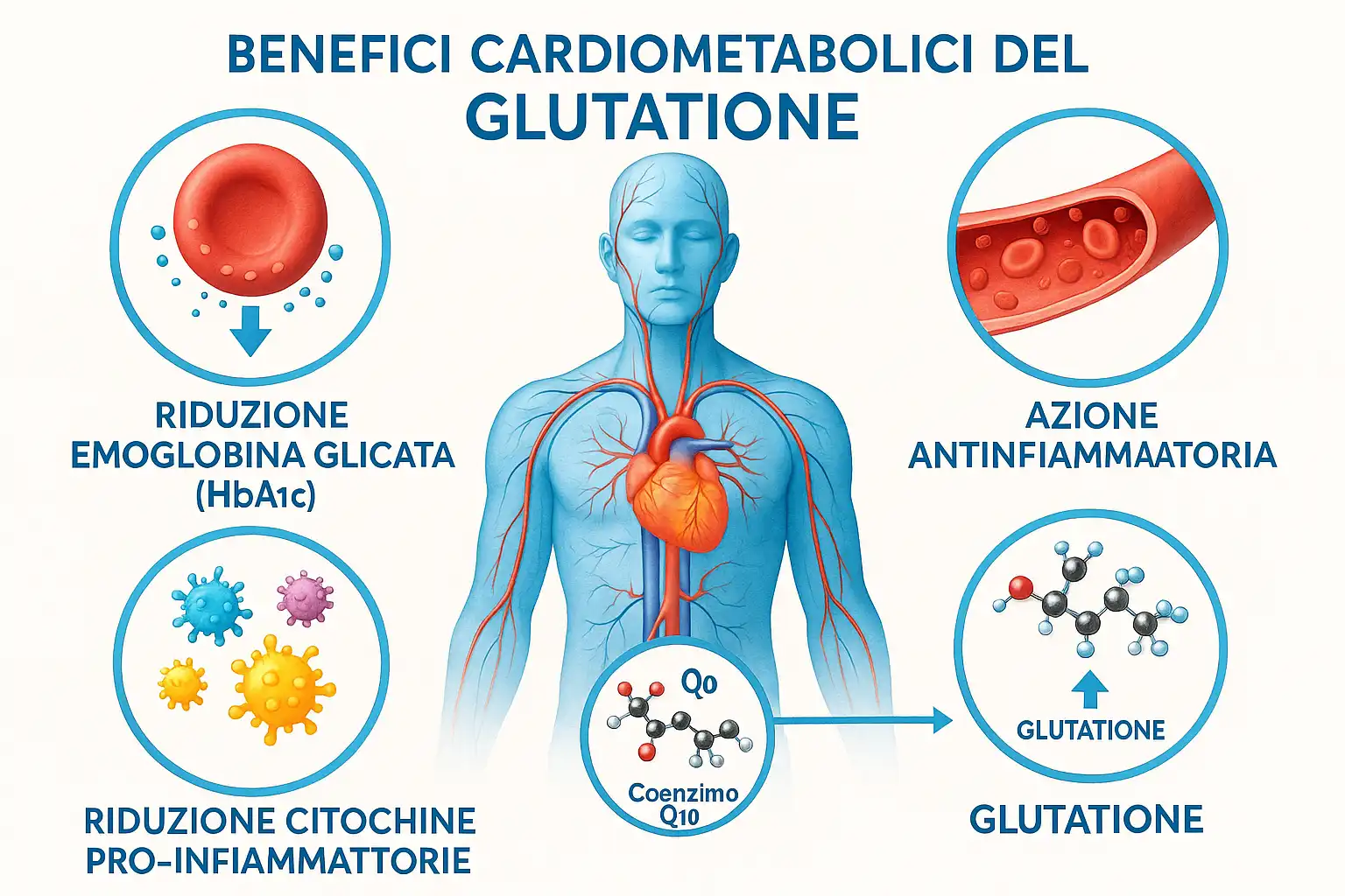 Figura umana con diagrammi degli effetti del glutatione su cuore,
cellule e infiammazione.