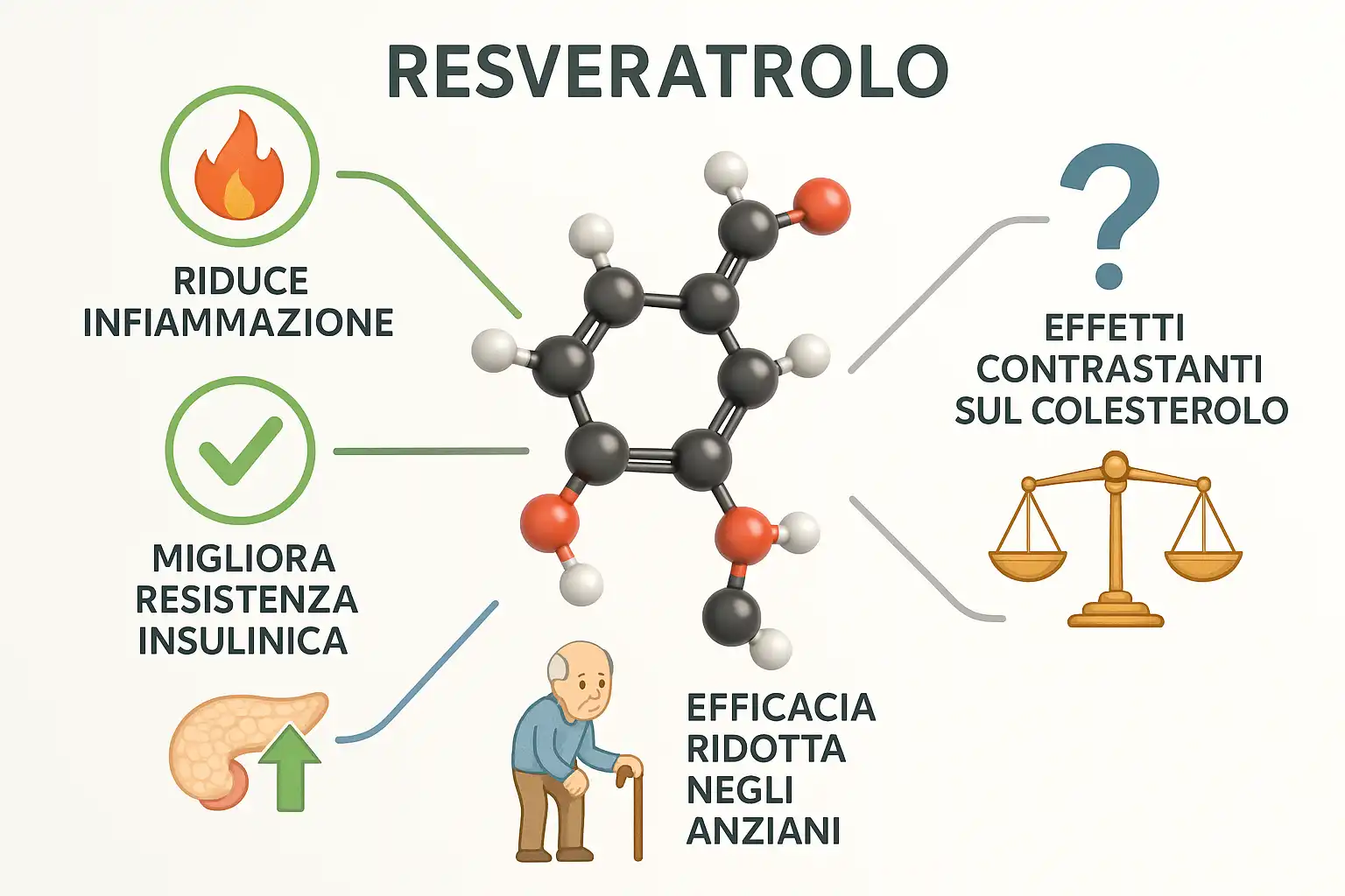 Infografica 3D sulla molecola di Resveratrolo e i suoi effetti
contrastanti su infiammazione, insulina e colesterolo.
