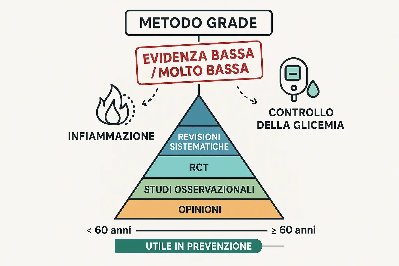 Schema con piramide delle evidenze e timbro 'Evidenza Bassa' per
il Resveratrolo, con una linea temporale per l'età.