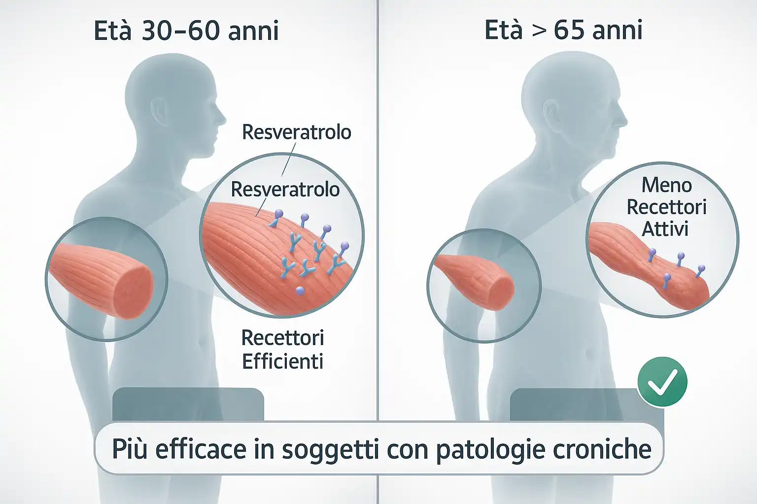 Confronto tra cellule muscolari di un giovane e un anziano che
mostrano la diversa efficacia dei recettori per il Resveratrolo.