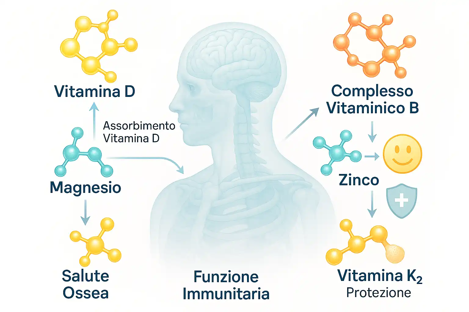 Schema della sinergia tra Vitamina D, Zinco, Vitamine B, Magnesio
e K2 su cervello, ossa e sistema immunitario di un torso umano.