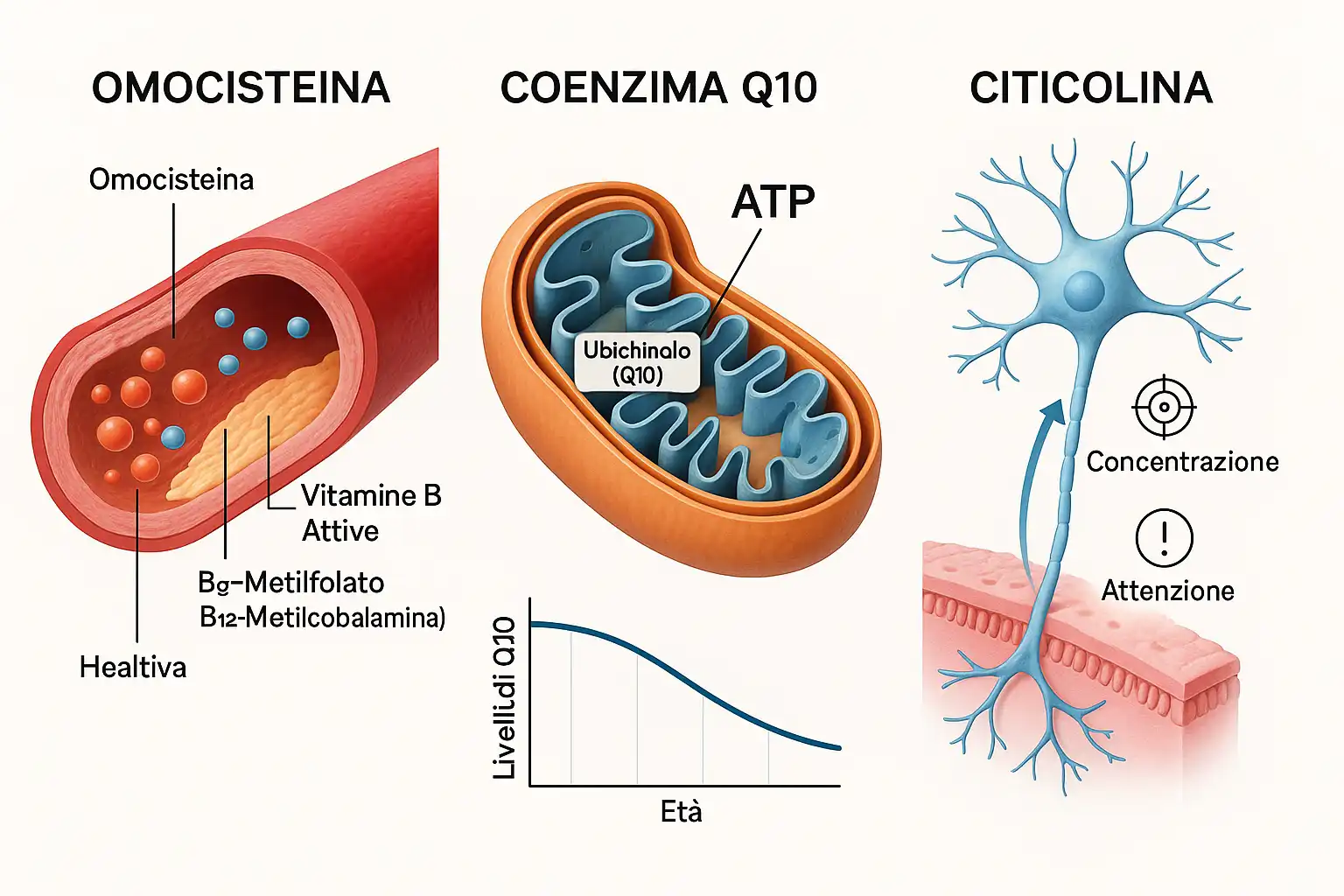 Infografica in tre parti: vitamine B contro omocisteina, coenzima
Q10 nei mitocondri e citicolina che attraversa la barriera
emato-encefalica.