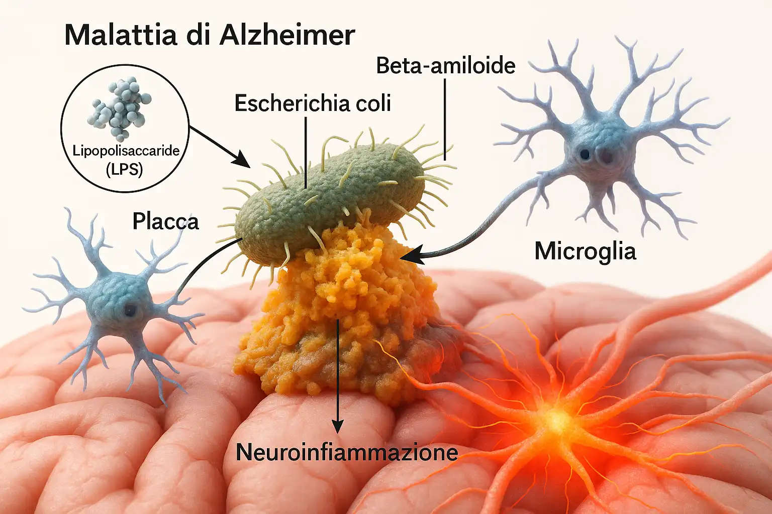 Batterio Escherichia coli avvolto da proteine Beta Amiloide che
formano una placca in un cervello con Alzheimer, con cellule di
microglia.