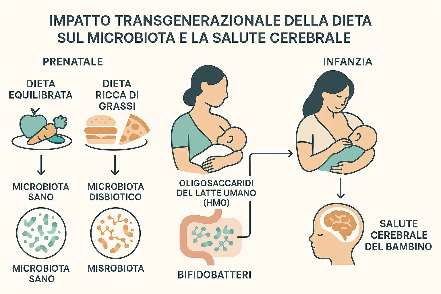 Schema dell'impatto della dieta su microbiota e cervello: dieta
parentale e allattamento con HMO per promuovere bifidobatteri nel
neonato.