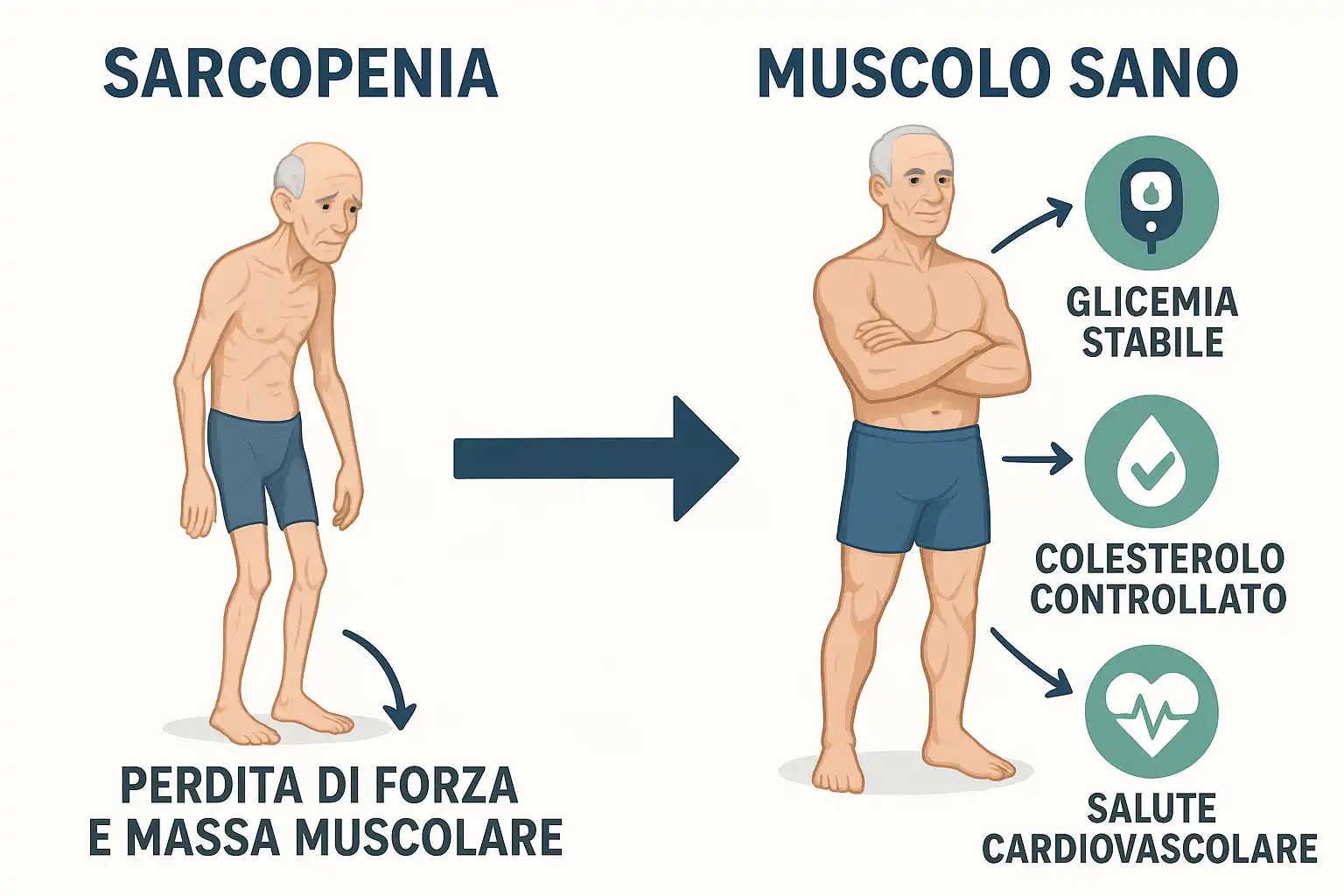 Figura anziana con sarcopenia a sinistra e figura anziana con
muscolo sano a destra, con etichette sui benefici per la salute.