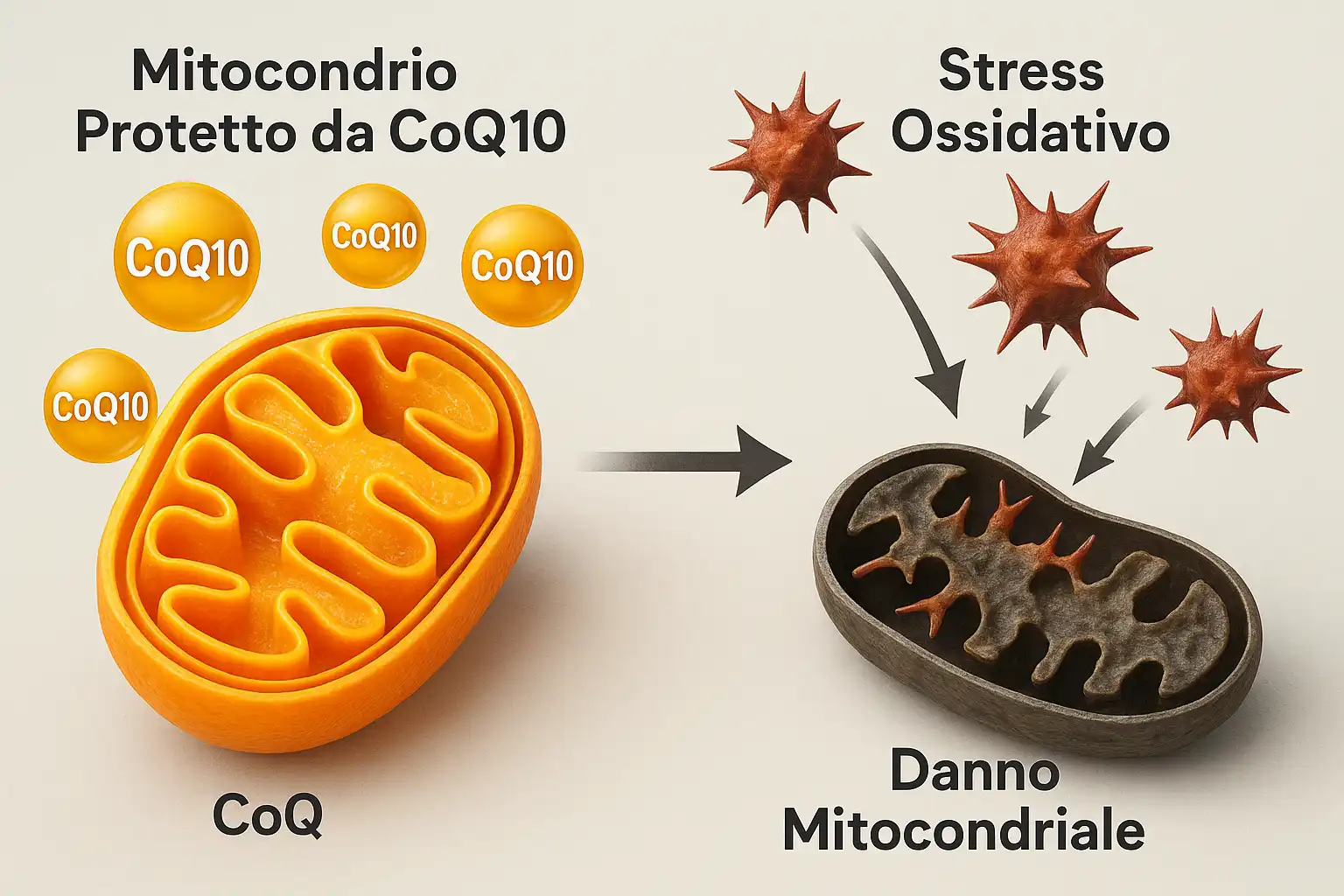 Mitocondrio sano protetto da Coenzima Q10 a confronto con uno
danneggiato dallo stress ossidativo dei radicali liberi.