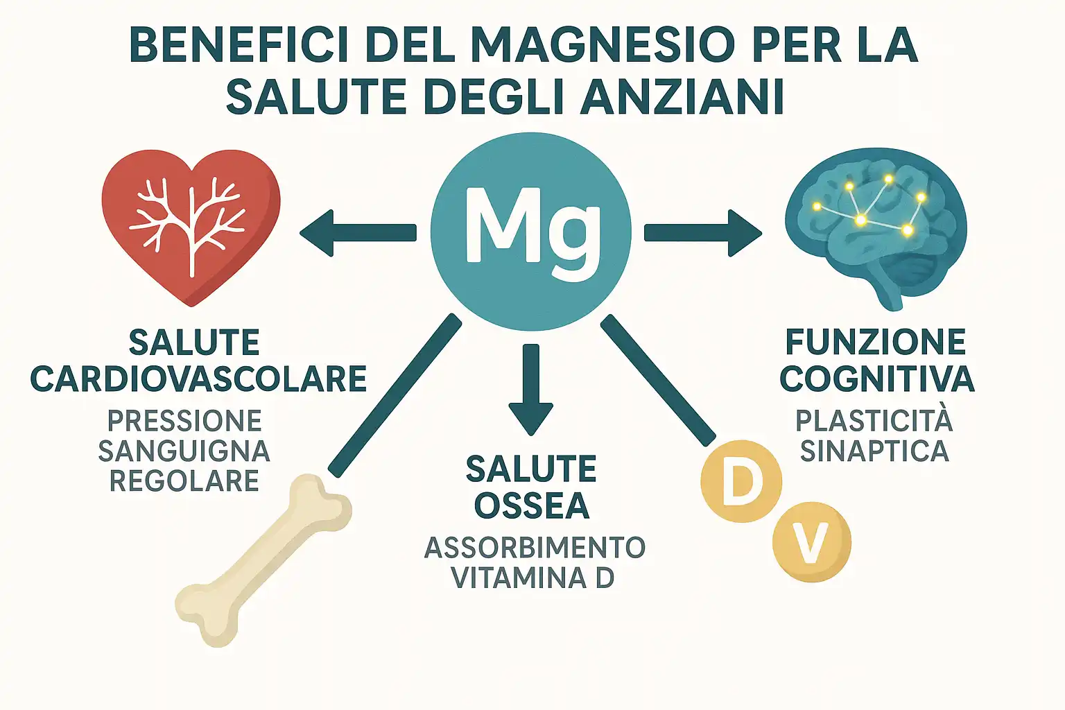 Schema dei benefici del magnesio per la salute cardiovascolare,
ossea e cognitiva, con icone di cuore, ossa e cervello.