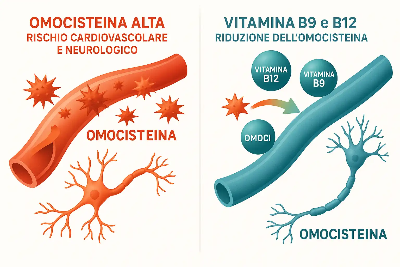 Diagramma che confronta i danni dell'omocisteina alta su vasi e
neuroni con l'azione protettiva delle vitamine B9 e B12.