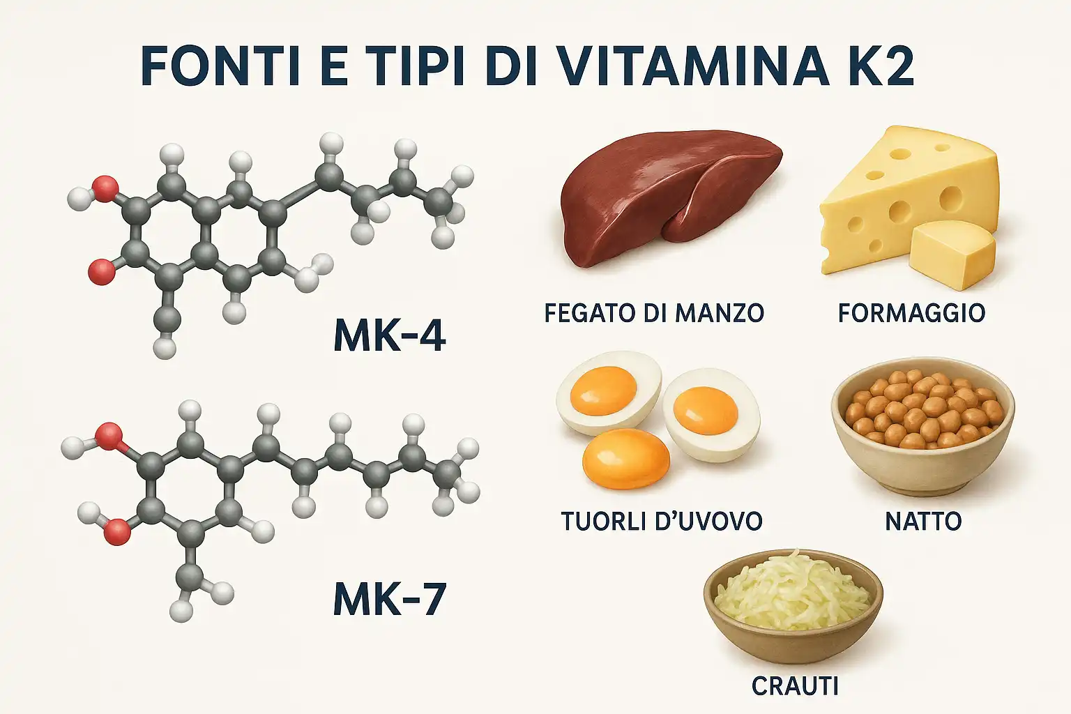 Infografica su Vitamina K2 con molecole MK-4, MK-7 e fonti alimentari come natto, formaggio, tuorli d'uovo, fegato e crauti.