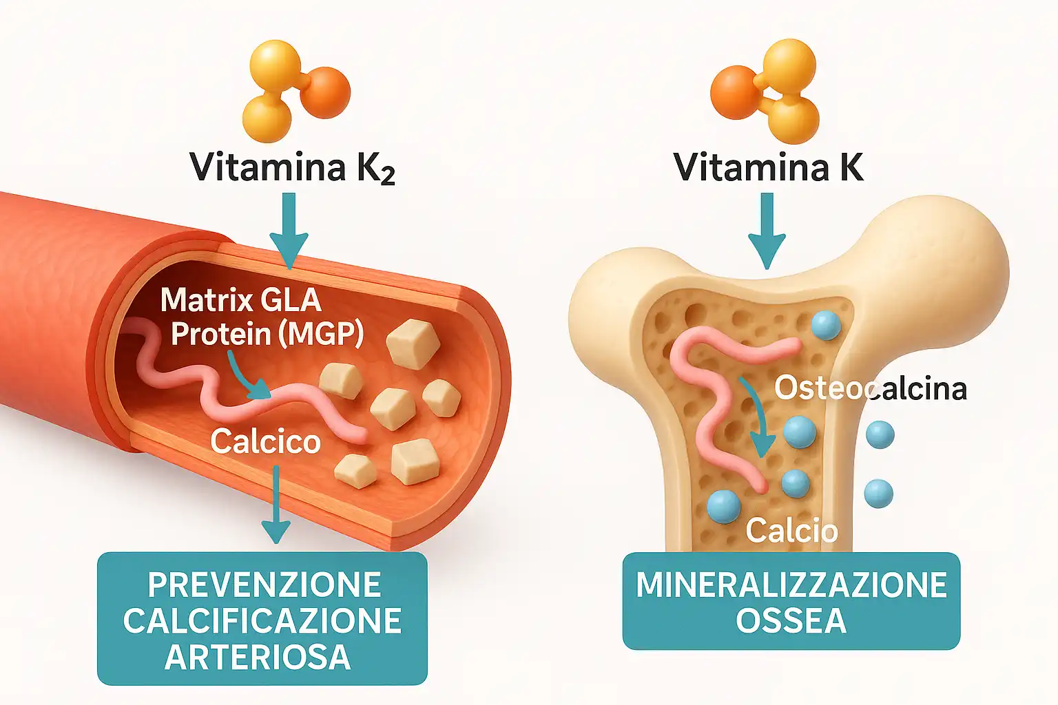 Diagramma del meccanismo della Vitamina K2 che previene la calcificazione arteriosa e favorisce la mineralizzazione ossea attivando le proteine.