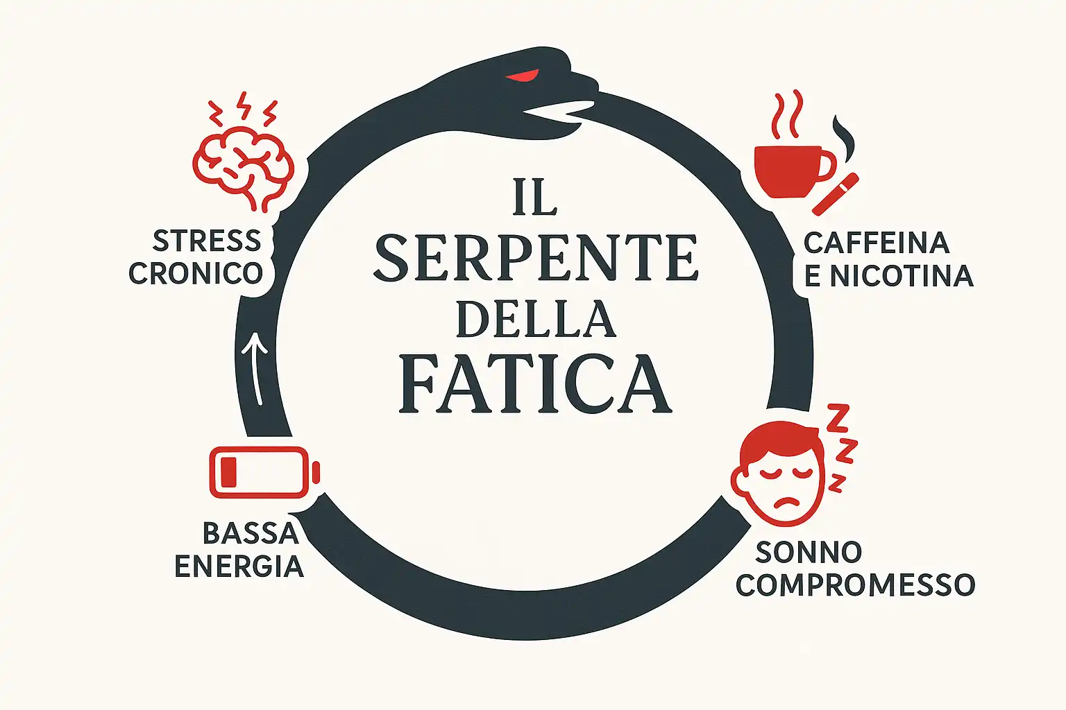 Serpente stilizzato che si morde la coda, rappresentante il ciclo della fatica con le fasi: stress, caffeina, sonno e bassa energia.
