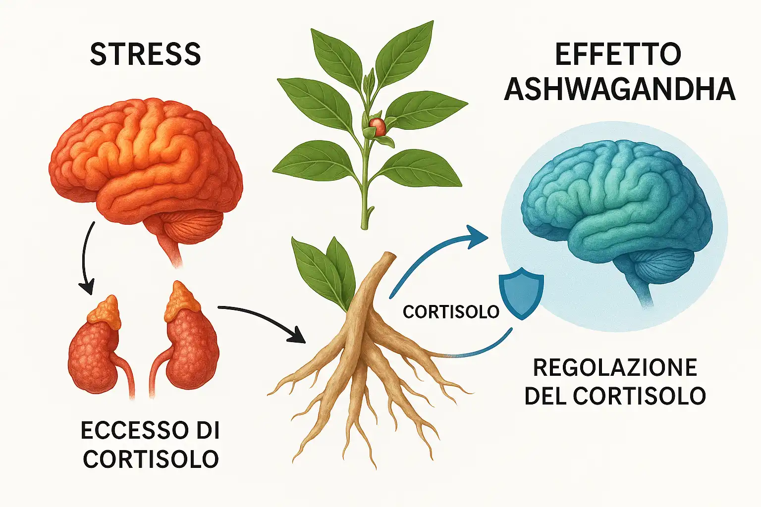 Cervello in stato di stress con alto cortisolo a confronto con un cervello calmo grazie all'Ashwagandha, che ne regola la produzione.