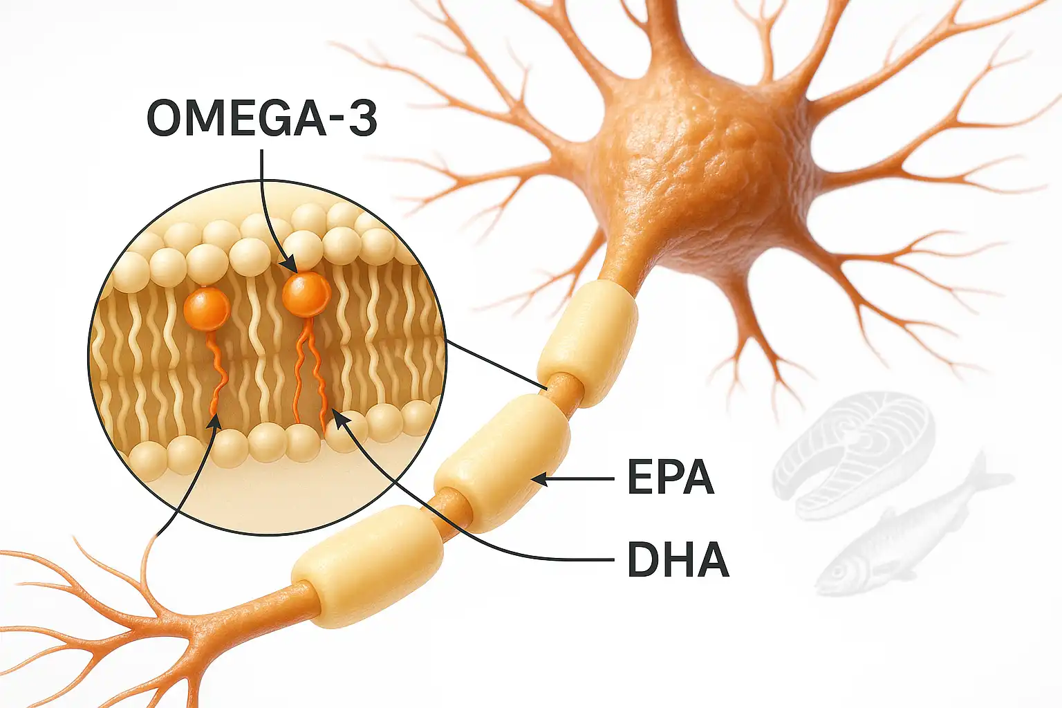 Primo piano di un neurone sano che mostra l'integrazione di acidi grassi Omega-3, EPA e DHA nella sua membrana cellulare.