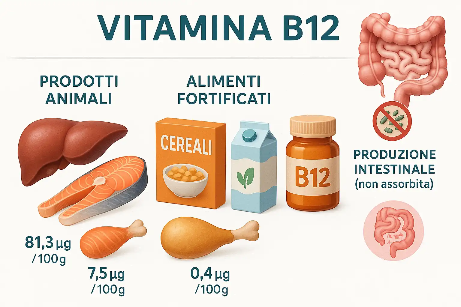 Infografica con fonti di Vitamina B12: prodotti animali, alimenti
fortificati e integratori, con schema dell'intestino.