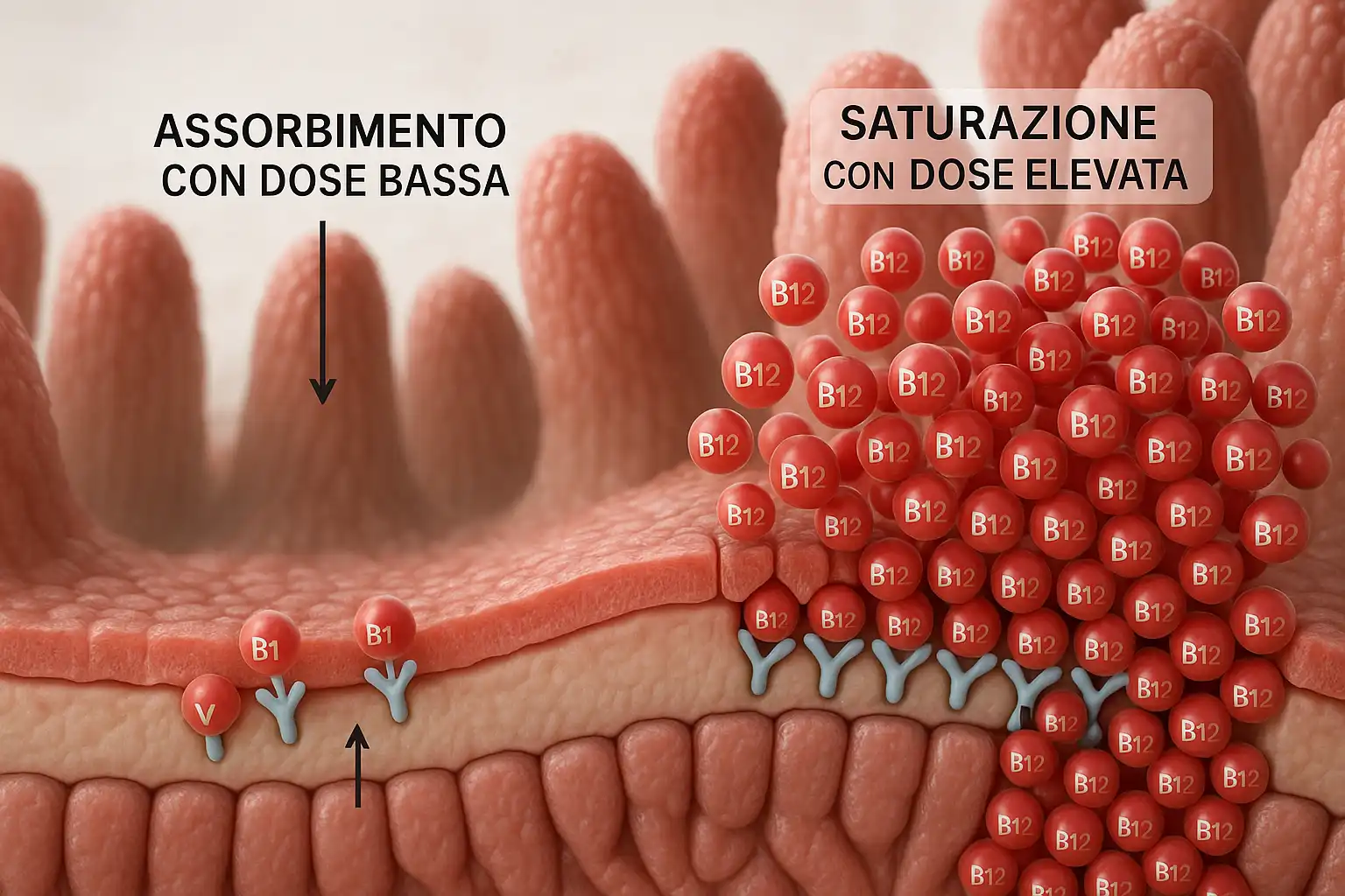 Sezione della parete intestinale con villi che mostra recettori
di Vitamina B12 a basse ed elevate dosi.