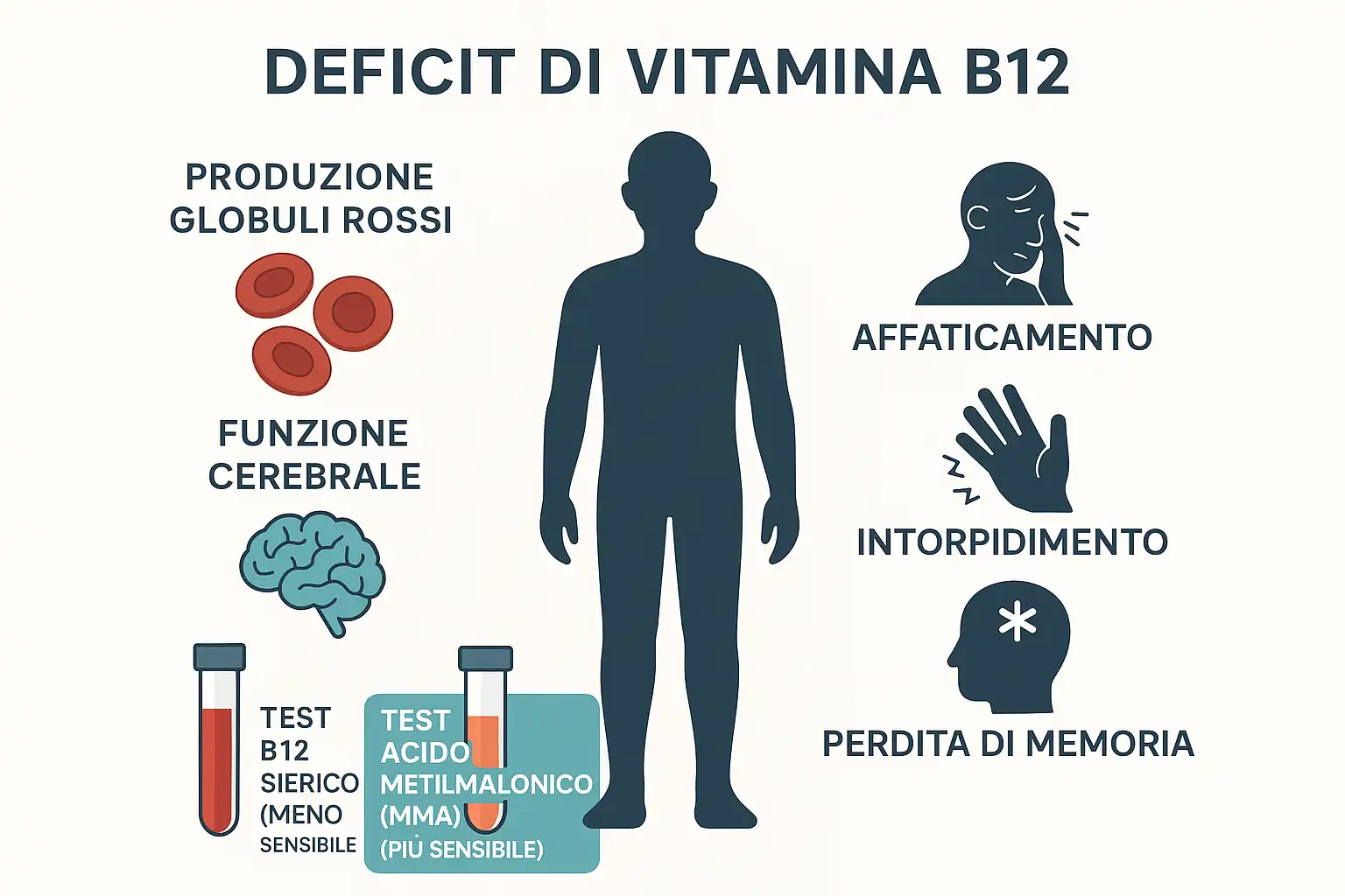 Infografica sulla carenza di Vitamina B12 con funzioni, sintomi e
confronto tra test diagnostici.