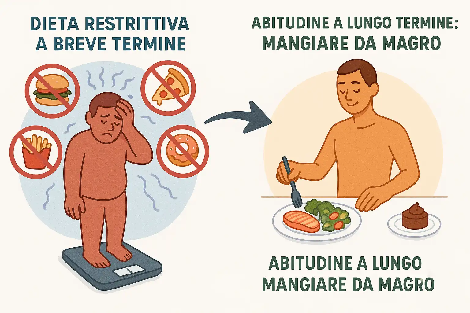 Persona frustrata su una bilancia per la dieta restrittiva a sinistra, serena con un pasto equilibrato e sostenibile a destra.