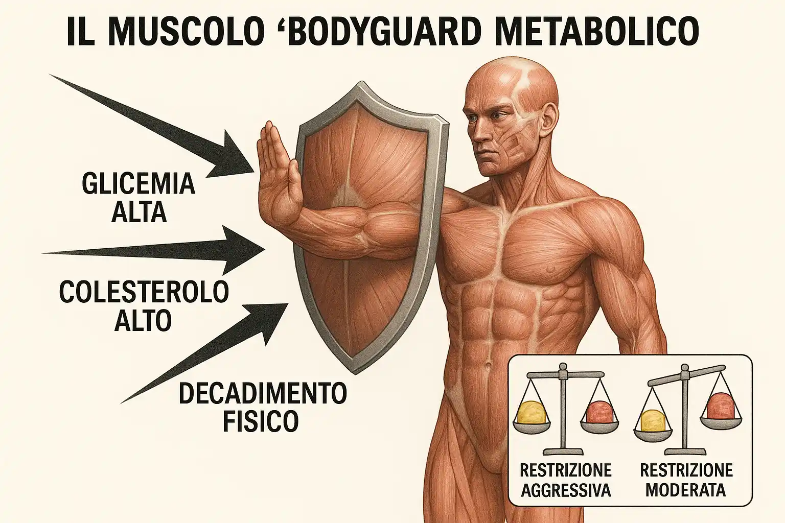 Figura anatomica con muscolatura come scudo contro rischi metabolici e diagramma che confronta perdita di grasso e muscolo in diete diverse.