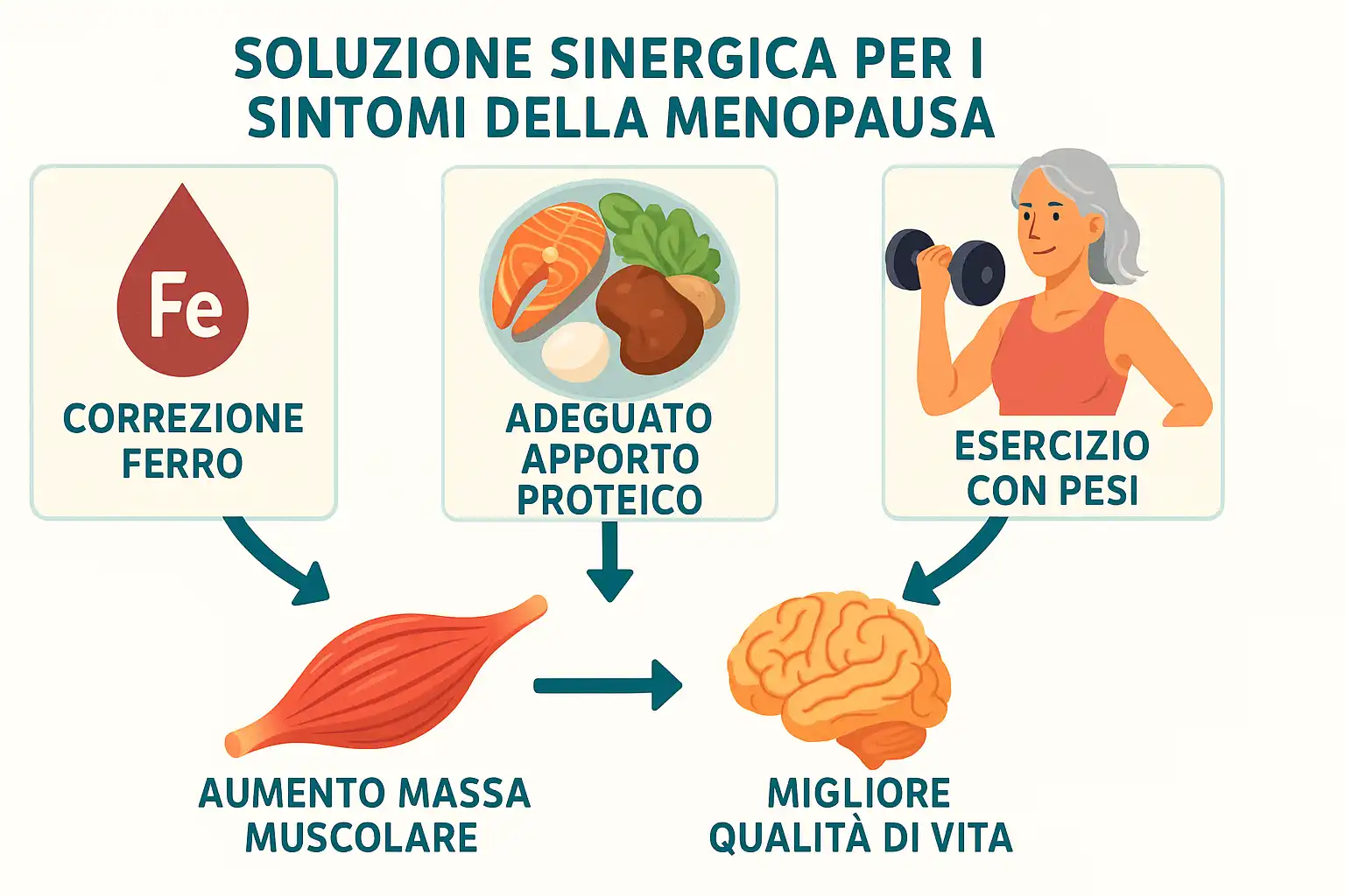 Infografica sulla soluzione sinergica per la menopausa: correzione del ferro, apporto proteico ed esercizio con pesi.