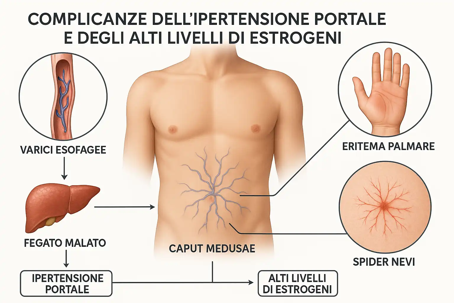 Torso umano con caput medusae e riquadri che illustrano varici esofagee, eritema palmare e spider nevi.