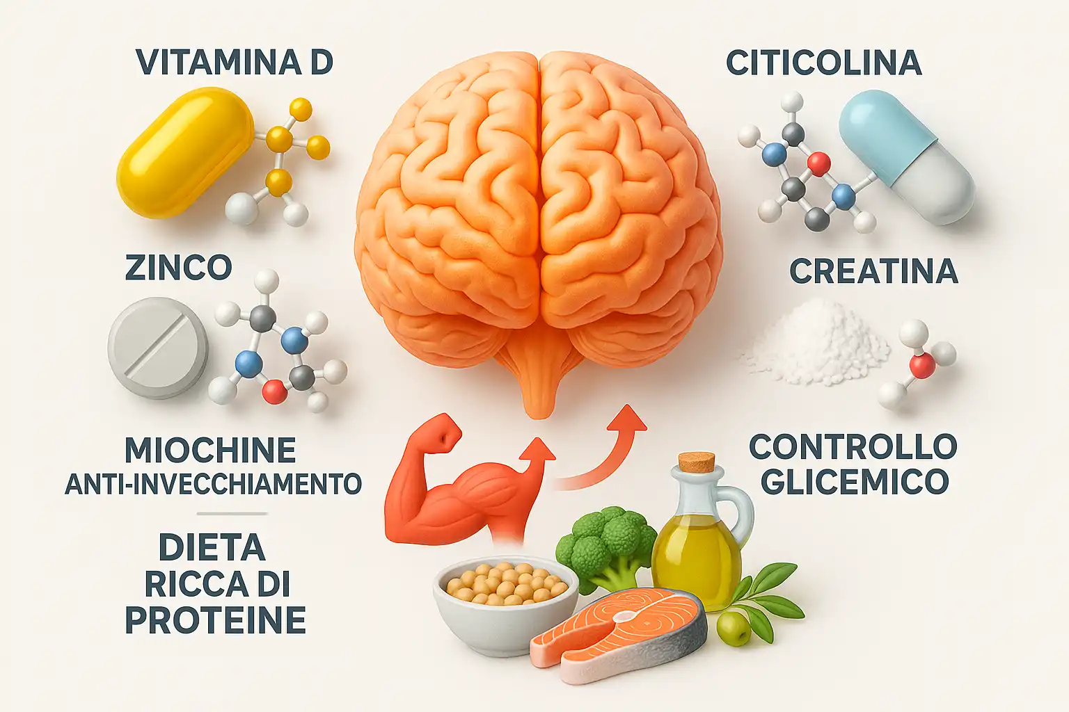 Cervello umano luminoso circondato da integratori come Vitamina D e Zinco e da uno schema di dieta proteica con miochine.