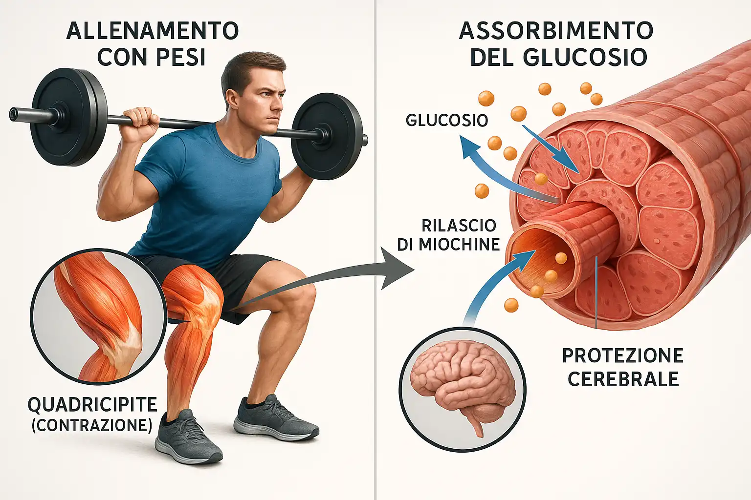 Allenamento con pesi, dettaglio di muscolo che assorbe glucosio e freccia che indica il rilascio di miochine verso il cervello.