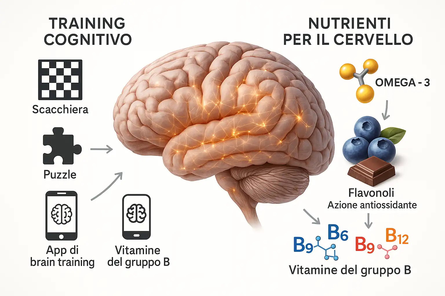 Cervello umano con icone di training cognitivo come scacchi e puzzle e nutrienti come Omega-3, flavonoli e vitamine B.