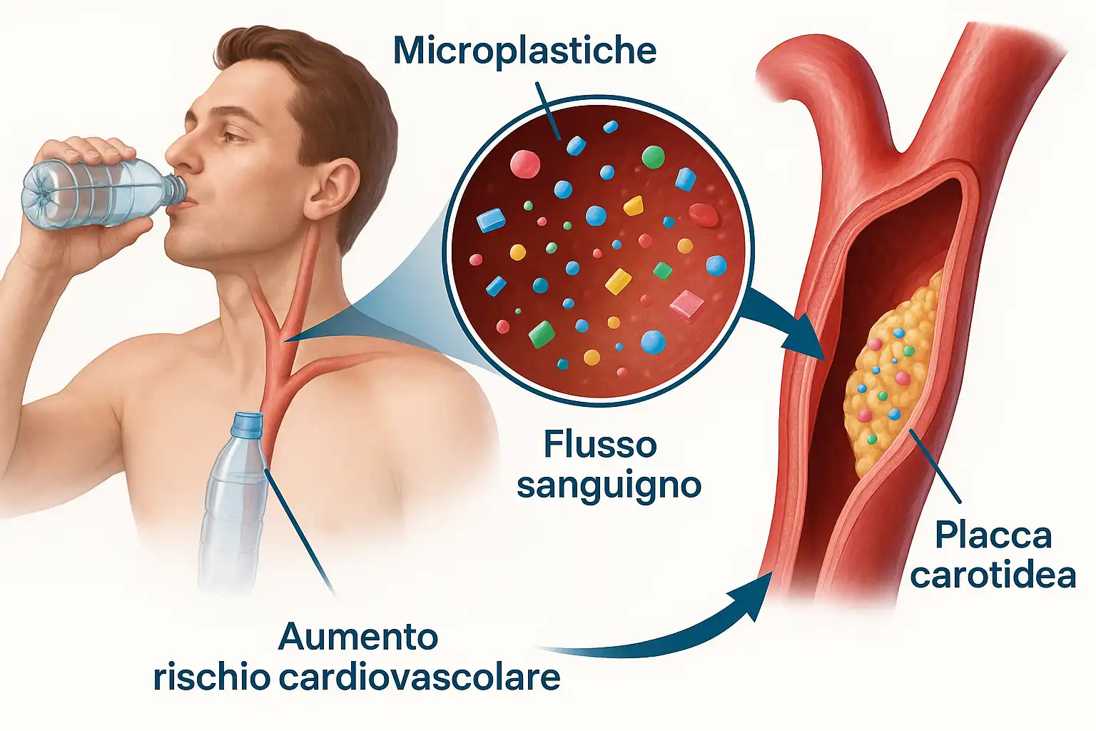 Infografica del percorso delle microplastiche dall'acqua in bottiglia al flusso sanguigno fino all'accumulo in una placca carotidea.