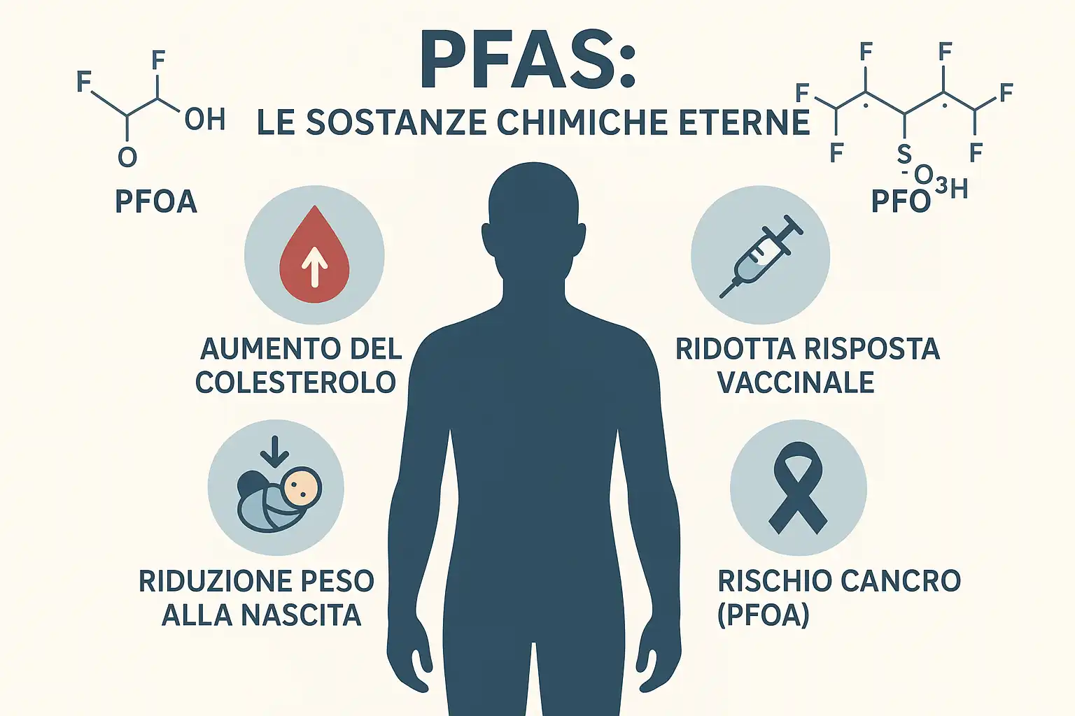 Infografica con silhouette umana circondata da icone che mostrano i rischi per la salute associati ai PFAS.