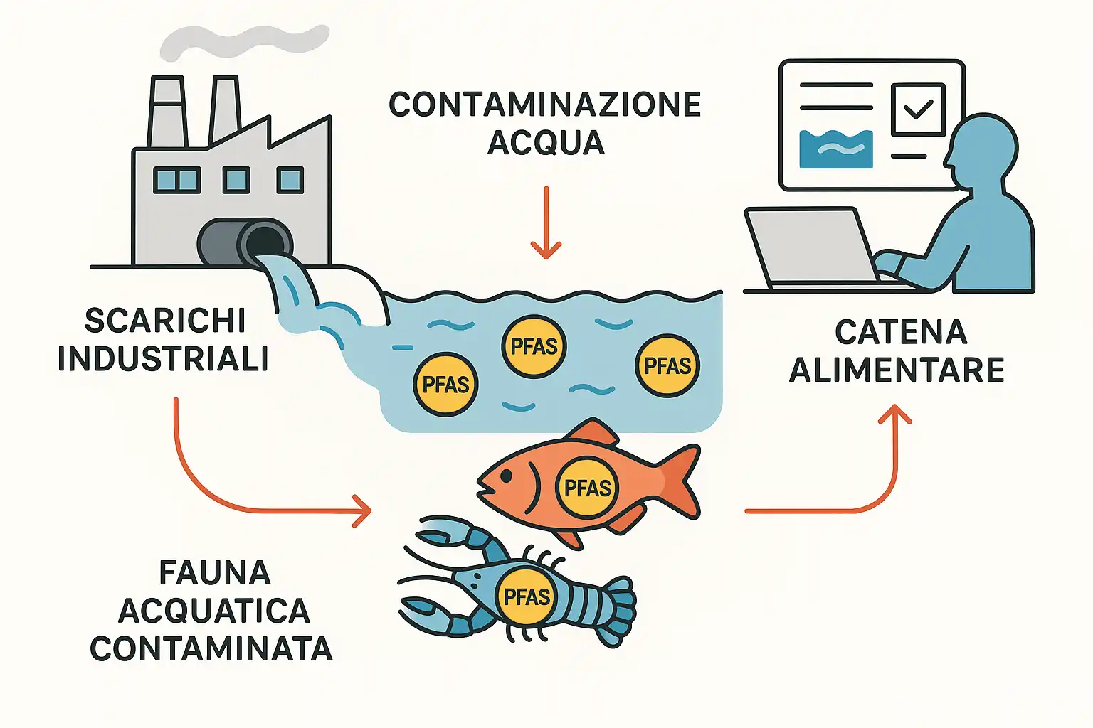 Diagramma del ciclo di contaminazione da PFAS: da scarichi industriali, all'acqua, alla fauna acquatica e alla catena alimentare umana.