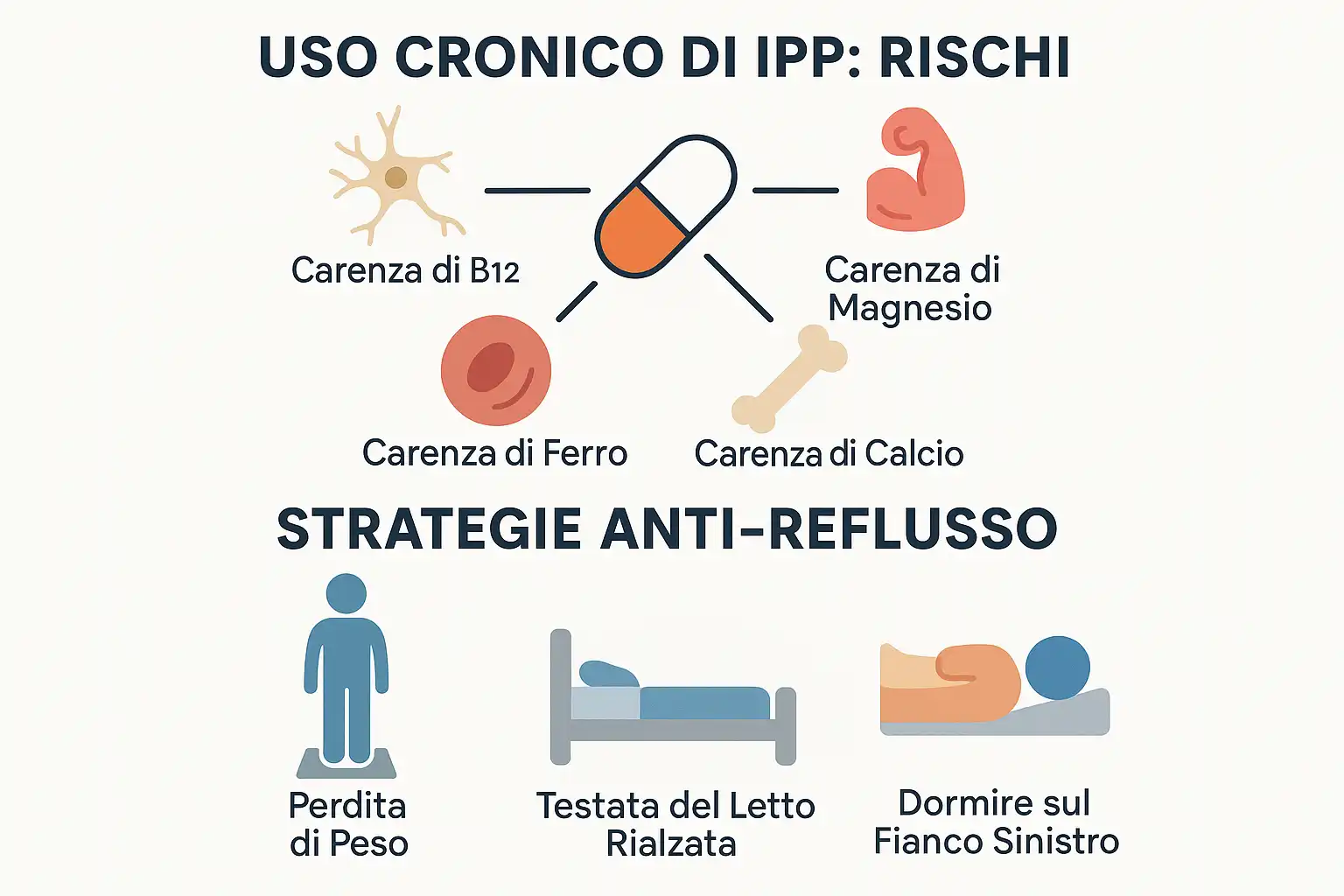 Schema sui rischi dell'uso di IPP e le strategie anti-reflusso: perdita di peso, letto rialzato e dormire su un fianco.