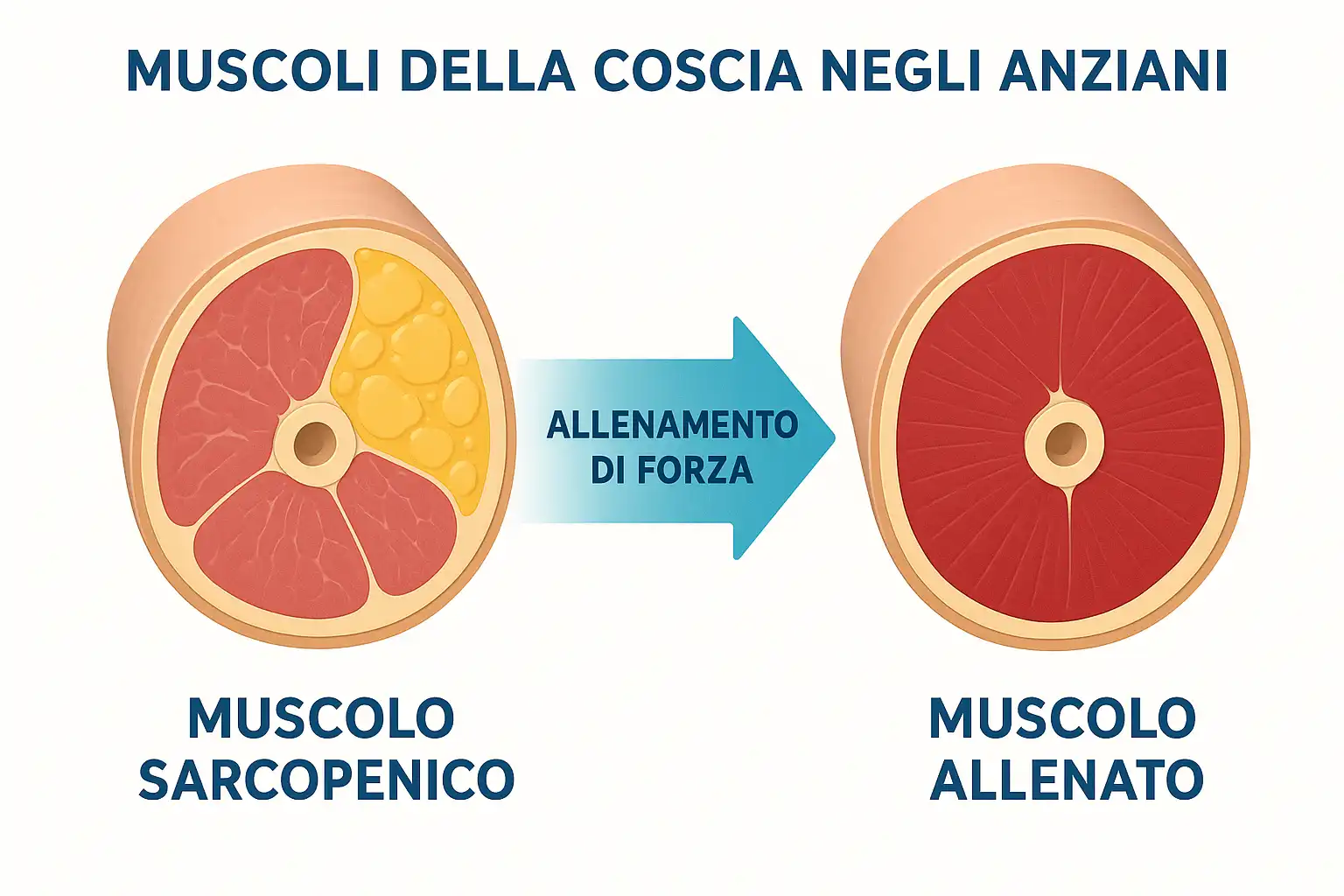 Confronto tra la sezione di un muscolo sarcopenico e un muscolo allenato, mostrando la riduzione del grasso e l'aumento della massa.
