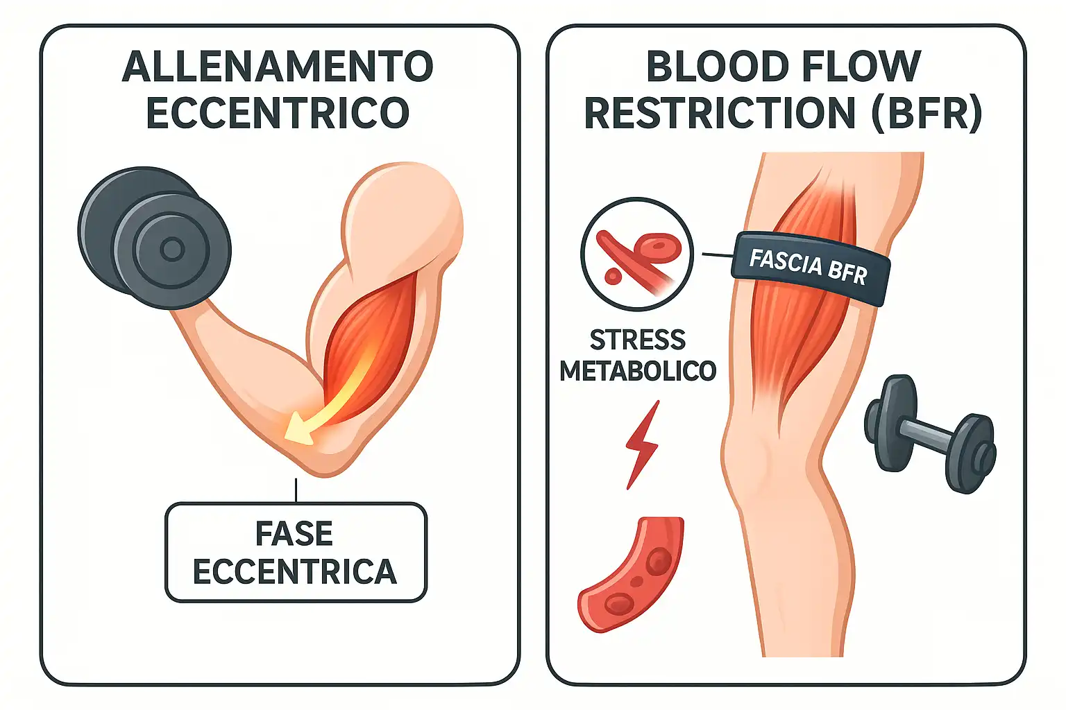 Infografica scientifica su allenamento eccentrico del bicipite e allenamento con restrizione del flusso sanguigno (BFR) sulla gamba.