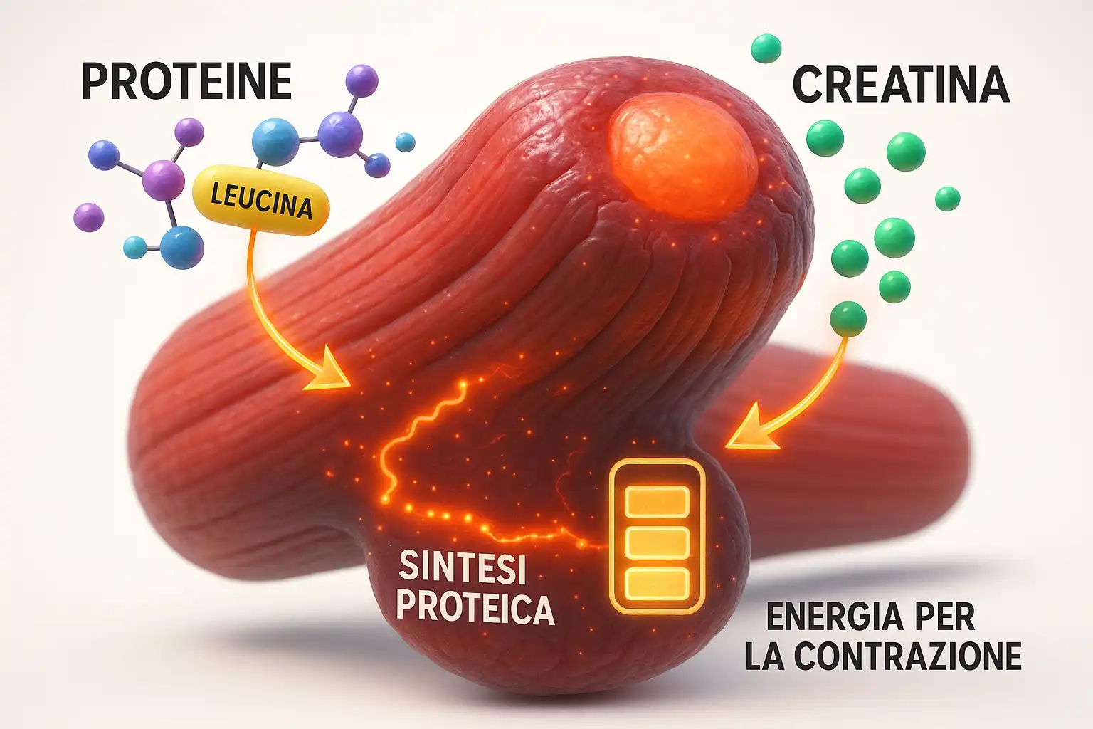Cellula muscolare che riceve proteine e creatina per attivare la sintesi proteica e fornire energia per la contrazione.
