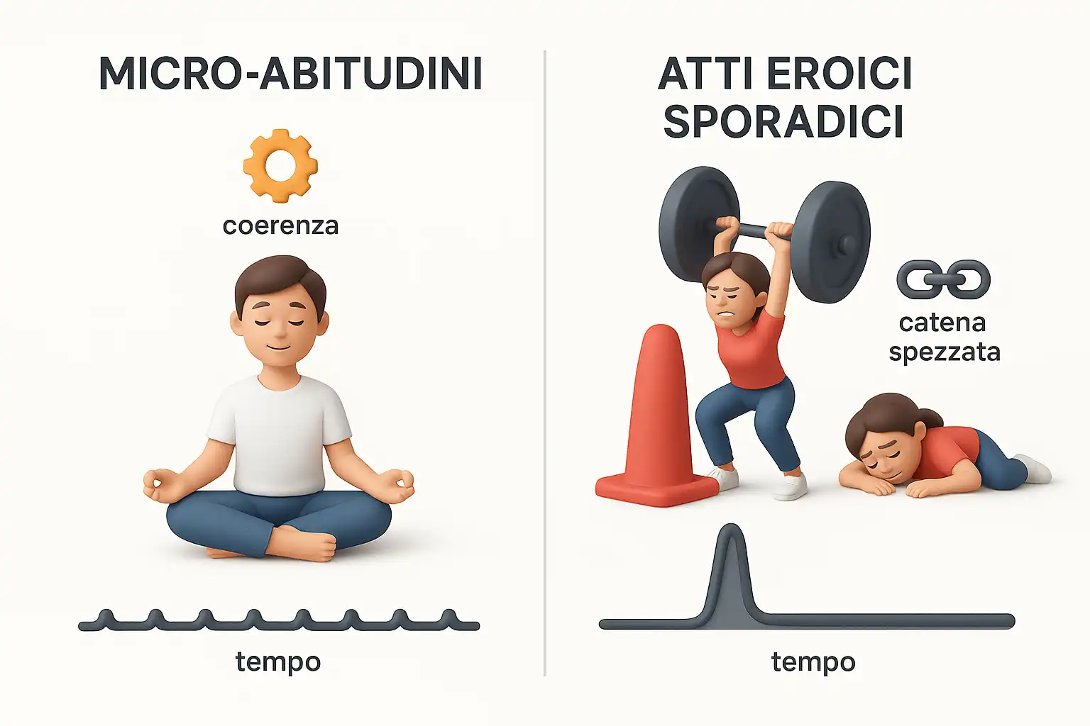 Infografica che confronta l'approccio delle micro-abitudini costanti con quello di sforzi eroici e sporadici per creare nuove routine.