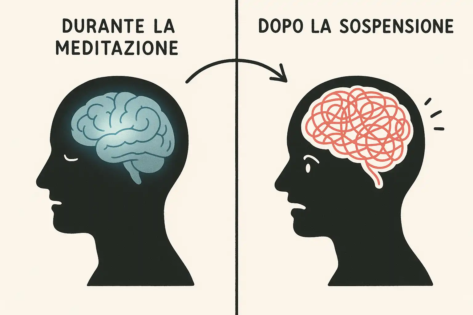 Dittico che mostra la testa di una persona con un cervello calmo durante la meditazione e uno caotico dopo averla interrotta.