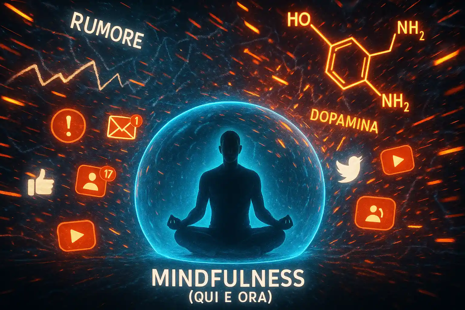 Persona in meditazione all'interno di una bolla protettiva che la isola da un caotico flusso esterno di icone digitali e notifiche.