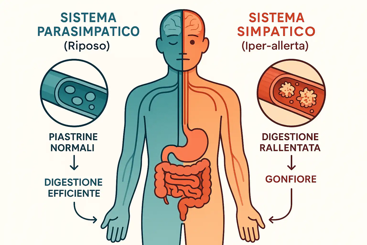 Schema di una figura umana divisa a metà che mostra gli effetti del sistema simpatico e parasimpatico su digestione e piastrine.